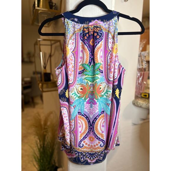 Rose + Olive Abstract Colorful Tassle Ties Sleeveless V-Neck Artsy Top M 6-10 - Picture 3 of 3